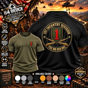 May include: A black t-shirt featuring a large circular graphic on the back with the text 1ST INFANTRY DIVISION THE BIG RED ONE, a red number one, and two crossed rifles. A smaller olive green t-shirt with a red number one patch is also shown.