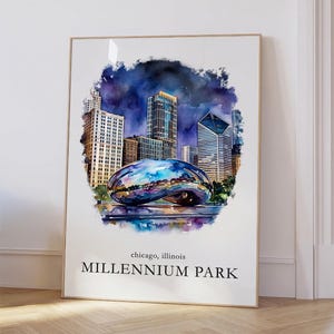 Millenium Park, Chicago, Illinois Travel Poster | Minimalist Print Wall Art, Watercolor Artwork Home Wall Decor