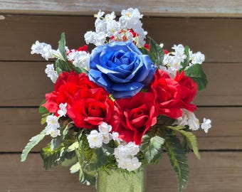 Patriotic Memorial Flower Arrangement | Red White Blue Cemetery Vase Insert