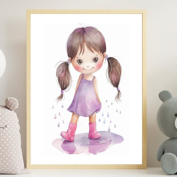 Children Nursery Print, Elusive Emmy- Dancing In Puddles, Girl Nursery Decor, Illustrative, Watercolor, AI Infused Art, Print Art, Big Eyes