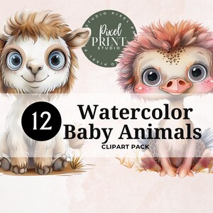 Clipart bébé animal aquarelle | 12 images fantaisistes pour les invitations d'anniversaire dans la jungle et la forêt, pour le scrapbooking et la fabrication de cartes