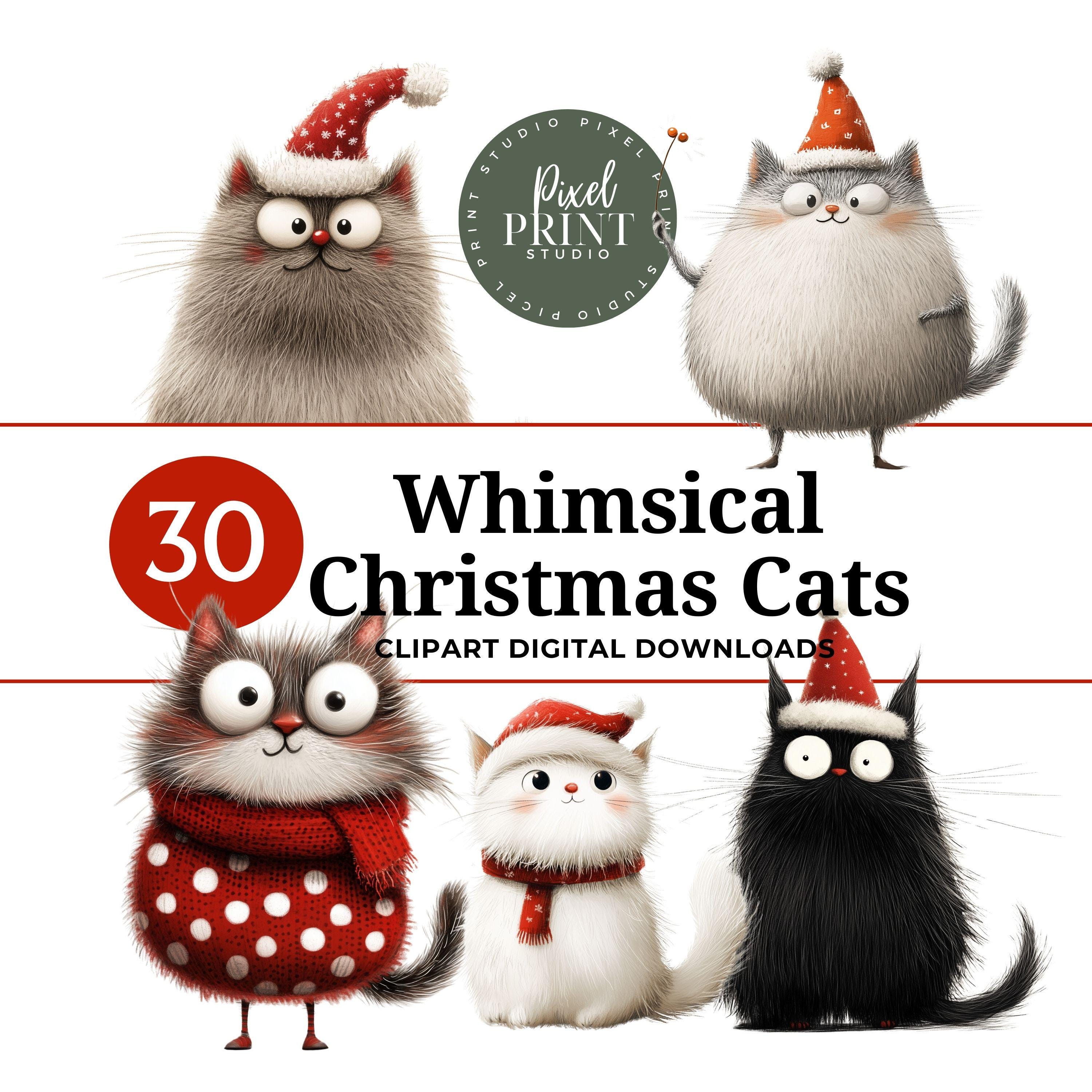 30 grappige clipart-afbeeldingen kerstkat | Feestelijke kattenillustraties | Leuke kerstkattenkunst voor doe-het-zelvers, kaarten en cadeaus