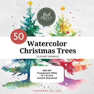 Clipart aquarelle de sapin de Noël : 50 modèles PNG (téléchargement numérique)