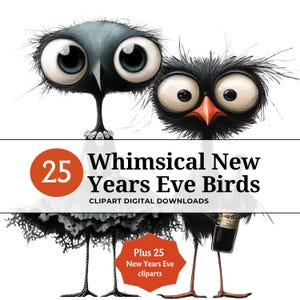 25 pássaros caprichosos de véspera de ano novo, conjunto de clipart, animais de festa com champanhe, cartolas e charme peculiar, download digital