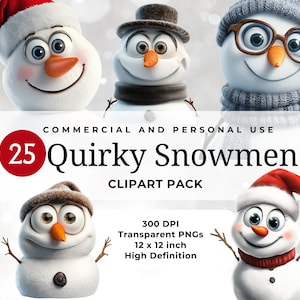 Quirky Snowmen Clipart Pack -Transparent Background, Festive Winter Snowmen, Digital Download Art, Holiday Graphics, Christmas Clipart Craft