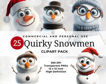 Eigenzinnige sneeuwpoppen Clipart Pack - transparante achtergrond, feestelijke wintersneeuwpoppen, digitale downloadkunst, vakantieafbeeldingen, kerst Clipart Craft