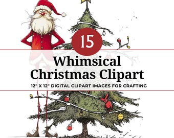 15 grappige kerstclipartset: kerstman, sneeuwpop, bomen en cadeaus, digitale download