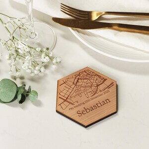 Place Setting MAP Hexagonal Personalised Coasters. Perfect Wooden Place Names for your Wedding Table. Engraved Wooden Table Decor