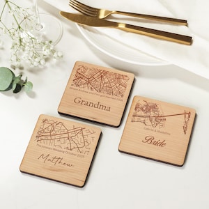 Place Setting MAP Square Personalised Coasters. Perfect Wooden Place Names for your Wedding Table. Engraved Wooden Table Place Cards