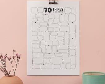 70 cose che amiamo di te, download digitale, poster per il 70° compleanno, stampa. Download pronto per la stampa. Libro degli ospiti, regalo per il 70° compleanno. Decorazione per il 70° compleanno.