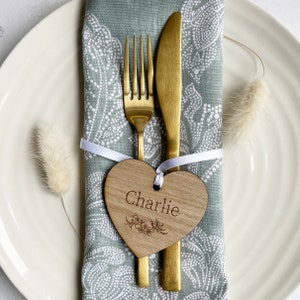 Heart Shaped Wooden Place Setting Name Wedding Table |engraved floral wooden Table Decor|Personalised place card party decoration