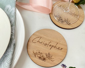 Wooden Engraved Floral Place Setting Name Coaster Wedding Table |engraved wooden Table Decor|Personalised place card party decoration