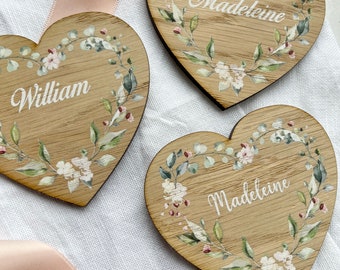 Heart Shaped Floral Place Setting Name Wedding Table | Green, white, pink, wooden Table Decor|Personalised place card party decoration