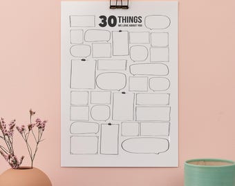 Descarga digital del póster "30 cosas que nos encantan de ti". Impresión lista para imprimir. Libro de visitas. Regalo para tu 30 cumpleaños. Decoración para tu 30 cumpleaños.
