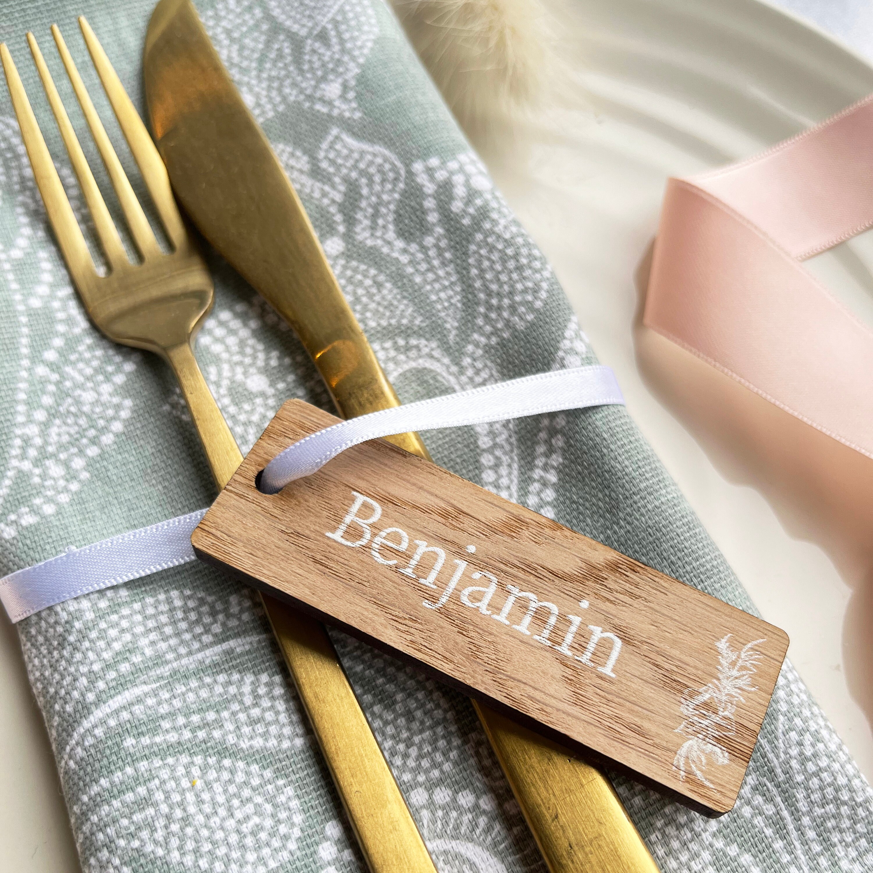 White Floral Accent Place Setting Name Tag Wedding Table Flowers White