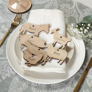 Personalised Farmyard Animals Wedding Place Setting. Sheep, Donkey, Goat, Chicken, Pig, Cow. Perfect for farm wedding. Doubles as favour.