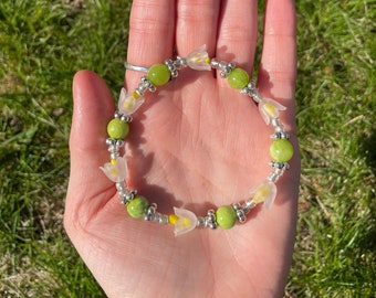 Green and White Tulip Flower Bracelet