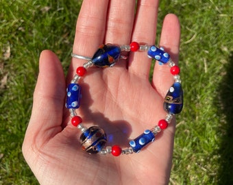 Chunky Blue and Red Patterned/Textured Bracelet