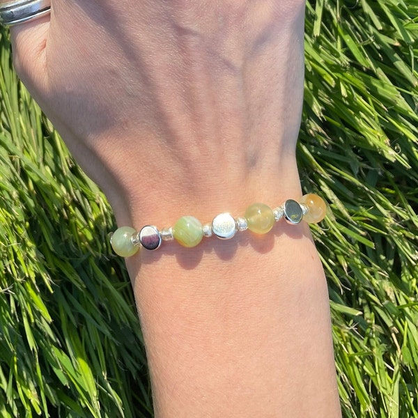 Silver, Green and Amber Colored Milky Glass Bead Bracelet