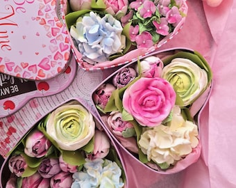 Valentines day marshmallow zephyr flowers rose hydrangea tulips adorable present for mom day birthday  anniversary gift pink in a box.