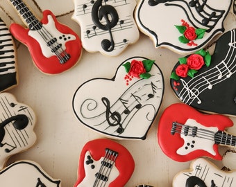 Music notes piano guitar shugar cookies set red white floral flower