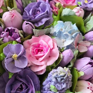 Big marshmallow zephyr flowers rose hydrangea tulips adorable present for mom day birthday  anniversary gift pink purple 14×10 inches  box