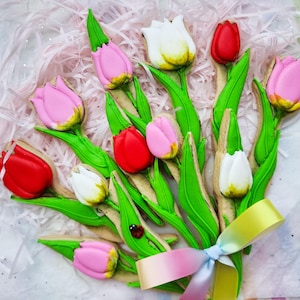Tulips cookies  floral flower decorated cookie pink red white gift present to woman girl teenager box of flowers edible adorable nice