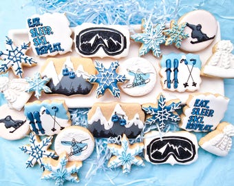 Ski winter sport snow board cookies mountains snowflakes skislope  gift for boy girl red grey white color from scratch hand painted  cookie.