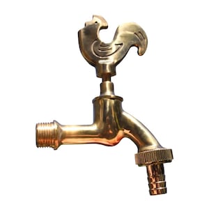 May include: A gold-colored brass outdoor faucet with a rooster design on the handle.