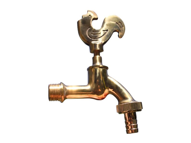May include: A gold-colored brass outdoor faucet with a rooster design on the handle.