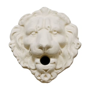Può includere: Una scultura in gesso bianco a forma di testa di leone con un foro rotondo nella bocca. La scultura è dettagliata con una criniera e tratti del viso.
