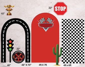 Race Car Birthday Backdrop Set | Speedway Party Decorations | Racing Arch & Checkered Panel | Fast Car Theme Decor