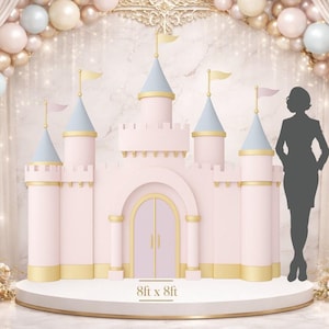 May include: A pink castle backdrop with light blue and gold accents, featuring turrets with flags. The castle is on a white platform, with the text "8ft x 8ft" at the base. Balloons and decorative elements are in the background.