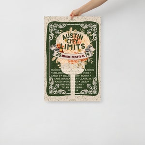 Póster musical de Austin: Austin City Limits (año y bandas seleccionados), decoración de pared de mediados de siglo, decoración colorida para el hogar.