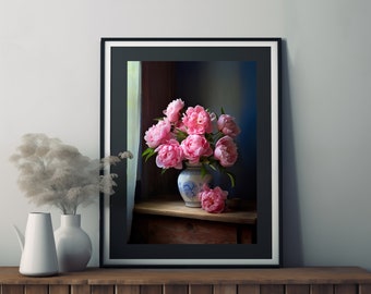 Elegant Pink Peonies in Vintage Blue and White Vase / Digital Download / Peony Print / Relaxing / Home Decor / Printable Wall Art