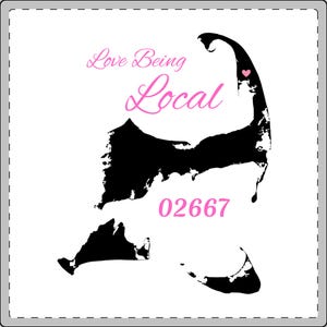 May include: A white square graphic with a black silhouette of a landmass, a pink heart, and the text "Love Being Local" and "02667" in pink. The landmass shape is a stylized map.