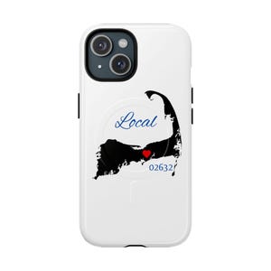 May include: White iPhone case featuring a black outline of Cape Cod, a red heart, and the text "Local 02632".
