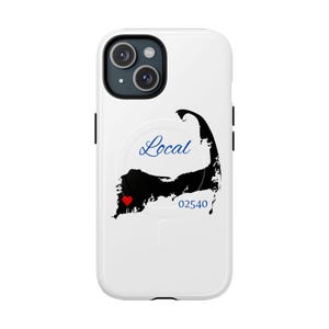 May include: White phone case with a black outline of Cape Cod and the text "Local 02540".