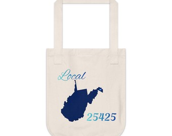 West Virginia 25425 LOCAL Organic Canvas Tote Father's/Mother's gift, Library bag, Magazine bag, Farmer's Market bag