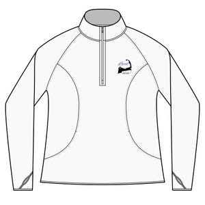 Può includere: Top sportivo bianco a maniche lunghe con colletto con zip. Presenta una grafica nera di un contorno di mappa con la parola "Local" e il numero "02532". La parte superiore ha pannelli laterali curvi e dettagli sulle maniche.