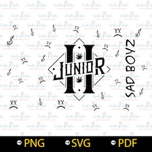 Puede incluir: Diseño gráfico en blanco y negro con el texto "JUNIOR" en forma de diamante con una hoja de marihuana a cada lado. El texto "SAD BOYZ" está escrito verticalmente en el lado derecho del diseño.