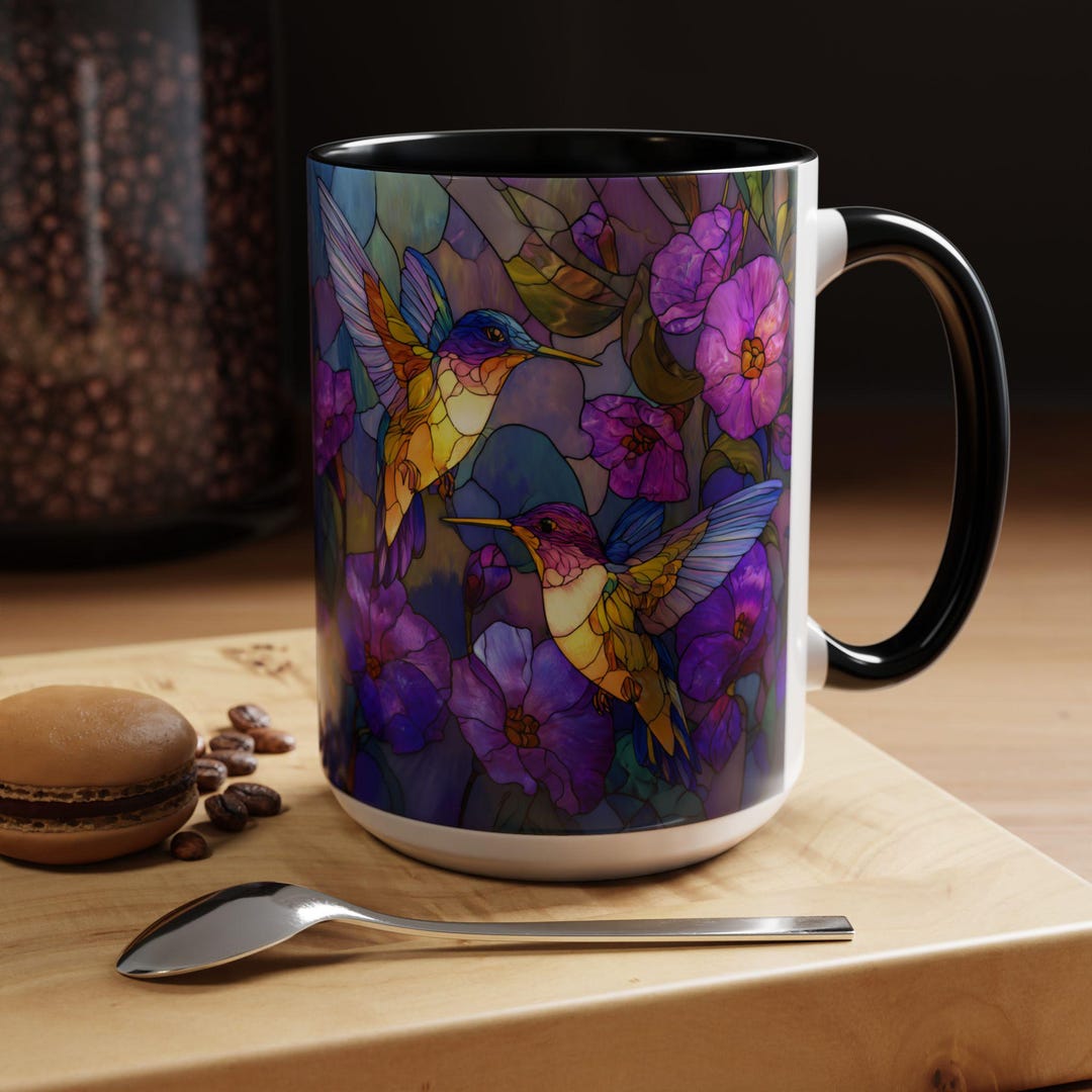 Window Mug Stained Glass Hummingbirds Accent Coffee Mug | Purple Flower ...