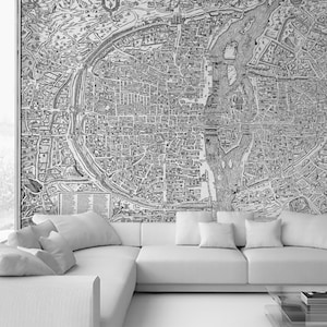 Papier peint carte de Paris médiéval, décoration française, art mural vintage en noir et blanc