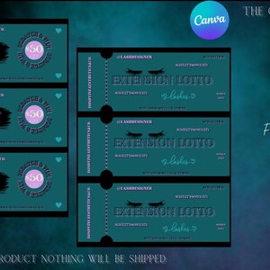 May include: Digital product featuring teal lottery tickets with the text "EXTENSION LOTTO" and "$50". The design includes social media handles and the phrase "Front and Back Included". The background is a teal and blue gradient.