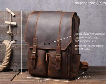 Full Grain Leather Backpack: Personalized 15-inch Laptop Travel Rucksack
