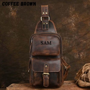 Sac poitrine en cuir personnalisé pour homme, sac bandoulière, sac de voyage, sac à bandoulière, sac messager, sac utilitaire, cadeaux pour lui père mari