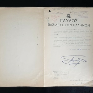 Documento de orden real de la realeza griega firmado por el rey Pablo I de Grecia en 1951