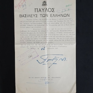 1958 Real Rey Pablo Grecia Firma Documento Real Orden de Manuscrito de la Comisión