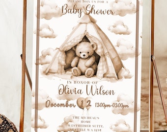 Bearbeitbare Boho Teddybär-Thema-Babyparty-Einladung VORLAGE, Bären-Warte-Einladung, Boho BearGender Reveal, Streueinladung, Vintage-Braun