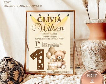 Bearbeitbare Beary mit Spotlight Erste Geburtstagseinladung VORLAGE, Onederful Einladung, Sweet One Invite, One Happy Boy / Girl